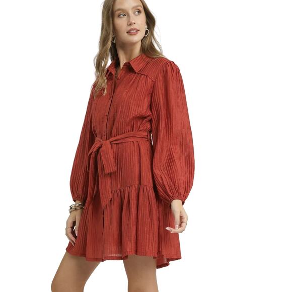 Copied - Umgee Crinkle Button-Front Tiered Mini Dress with Waist Tie - Picture 2 of 4